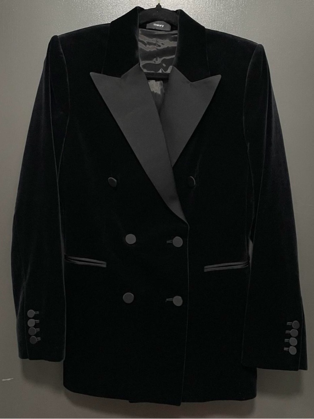 Theory Black Stretch Velvet Double-Breasted Tuxedo Blazer Size 6